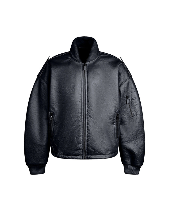 Back view of Reversible Faux Shearling Oversized Bomber Jacket