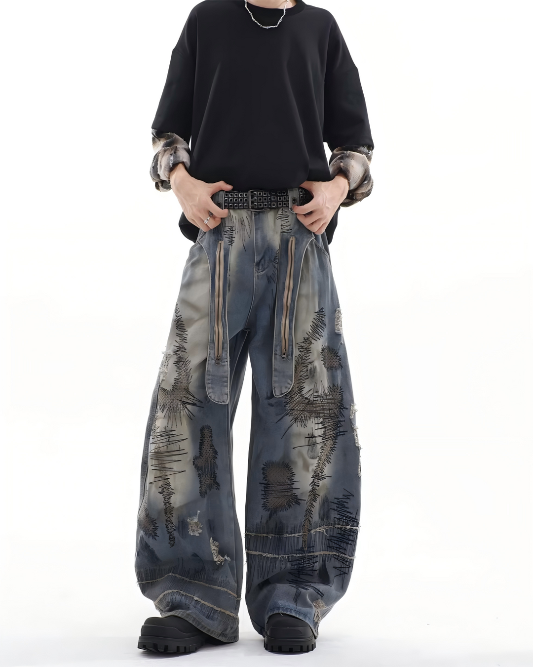 STEP BLOCK MT051 vintage washed distressed graffiti baggy jeans