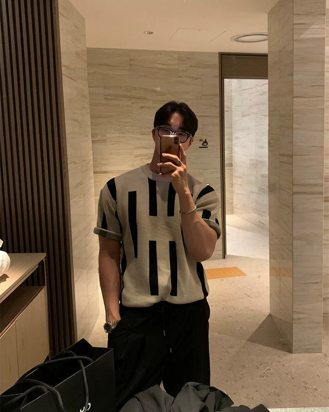 Back view of Beige and Black Striped Knit Oversized T-Shirt