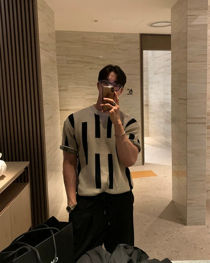 Back view of Beige and Black Striped Knit Oversized T-Shirt