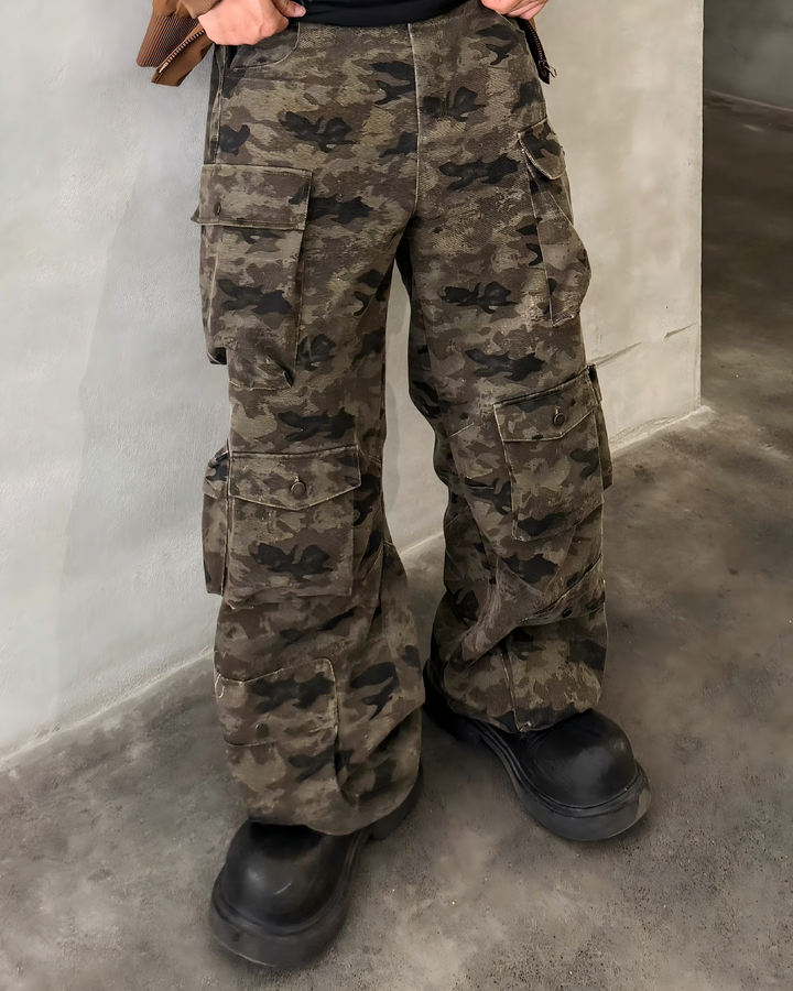 STEP BLOCK MT034 vintage camouflage multi-pocket baggy cargo pants