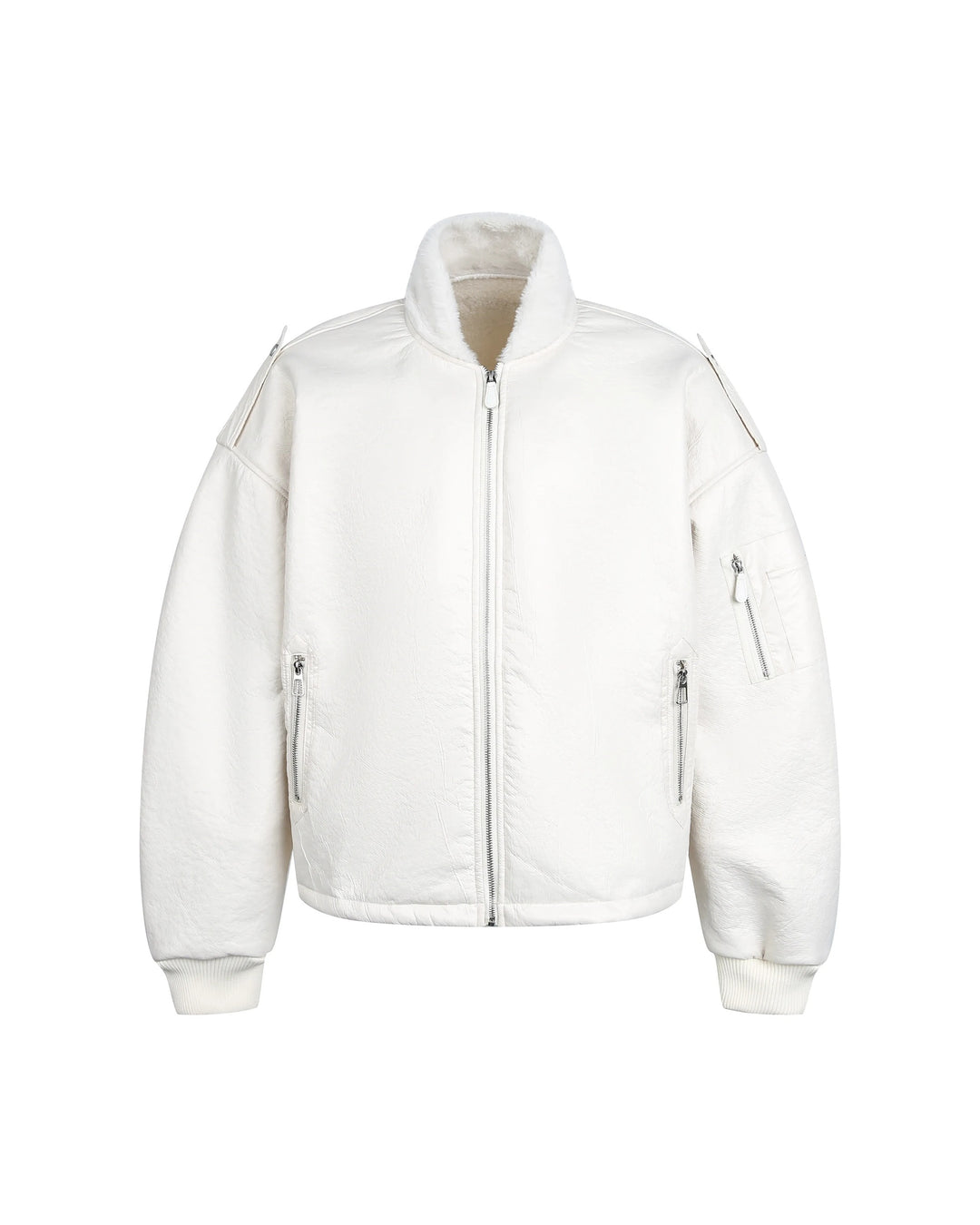 Side view of Reversible Faux Shearling Oversized Bomber Jacket