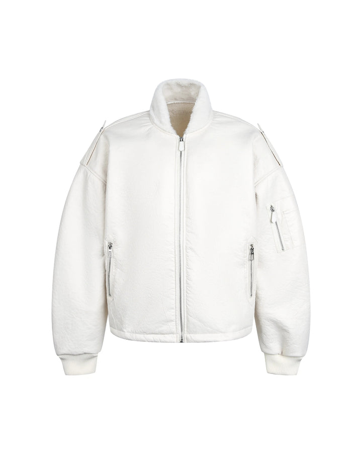 Side view of Reversible Faux Shearling Oversized Bomber Jacket
