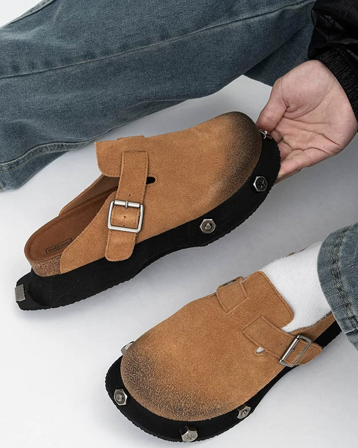 Front view of Beige Suede Chunky Platform Clogs Shoes