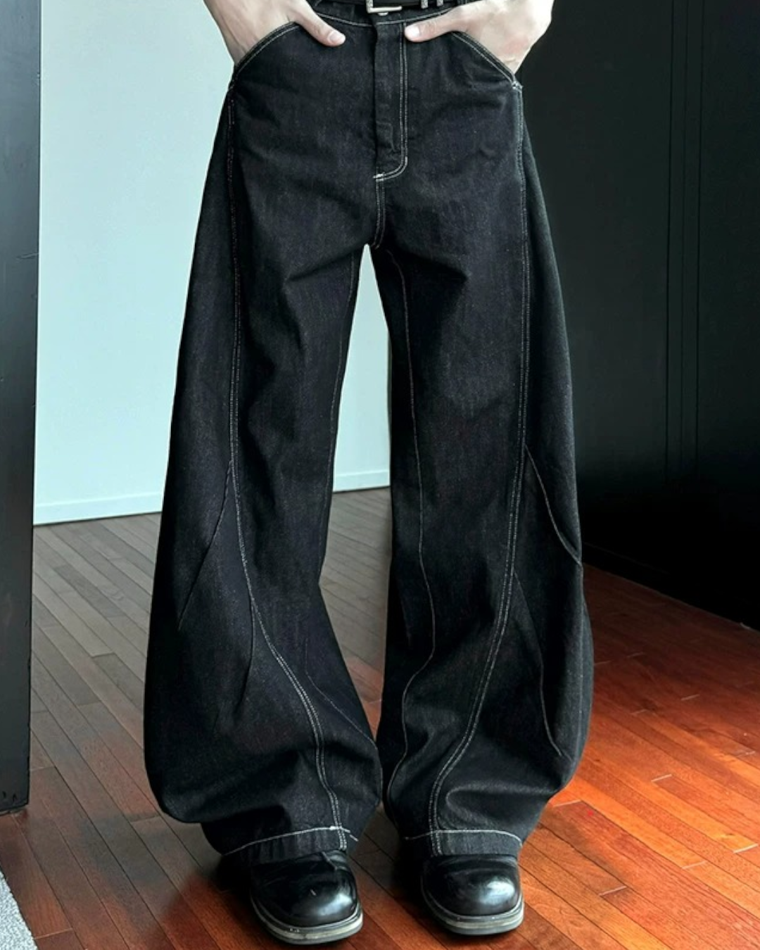Lifestyle styling view of Minimalist Black Wide Leg Jeans