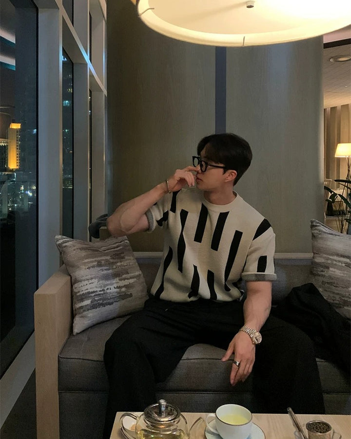 Lifestyle styling view of Beige and Black Striped Knit Oversized T-Shirt