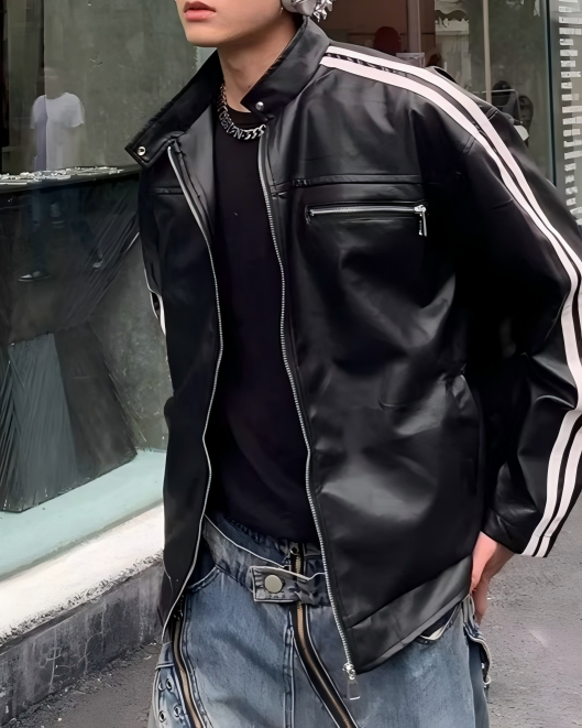 STEP BLOCK ST1015 Striped Sleeve Leather Jacket