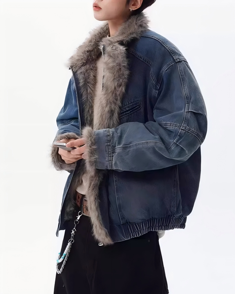 STEP BLOCK ST1019 Shearling Lined Denim Jacket
