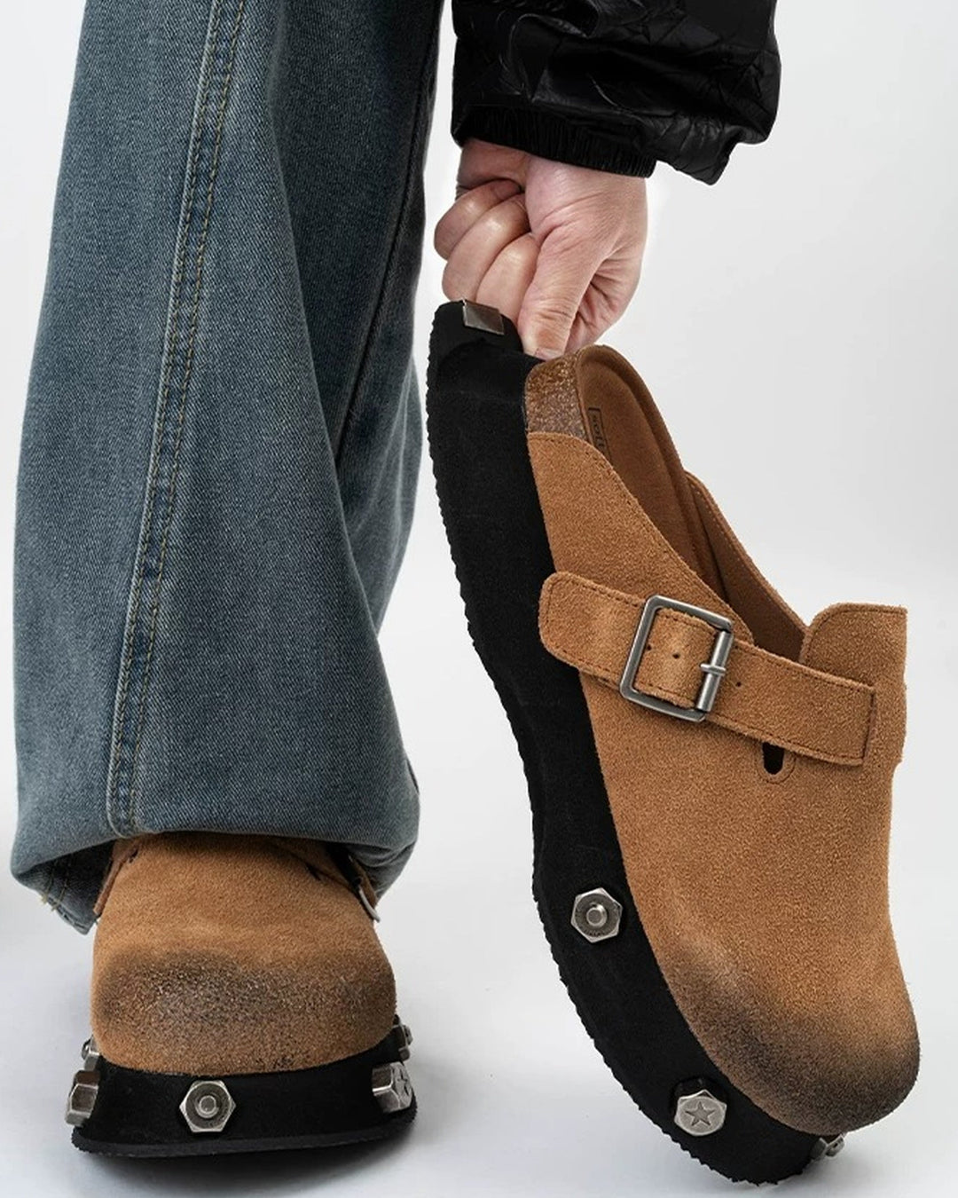 Close-up sole detail of Beige Suede Chunky Platform Clogs Shoes