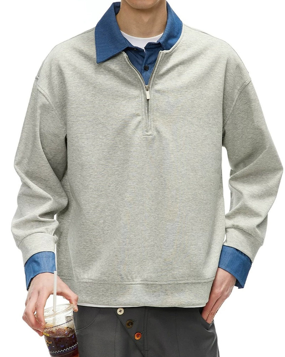 Additional product image of Layered Denim Collar Half-Zip Jacket