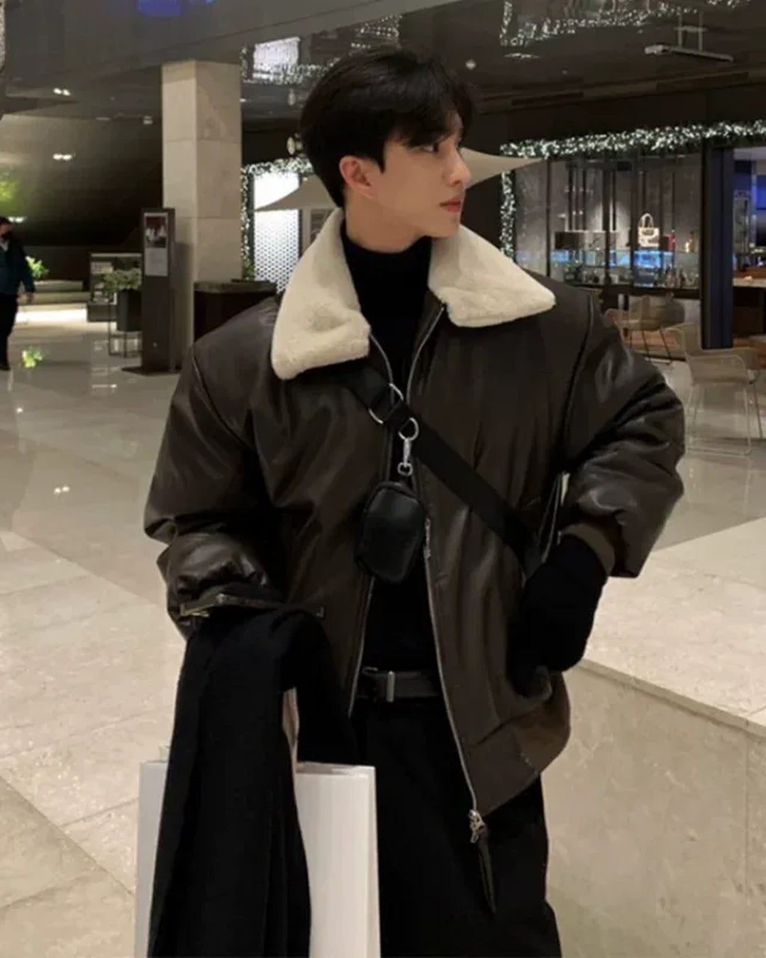 Additional product image of Shearling Collar Leather Bomber Jacket