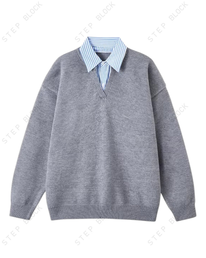 STEP BLOCK ST041 Faux Layered Collared V-Neck Oversized Knit Sweater