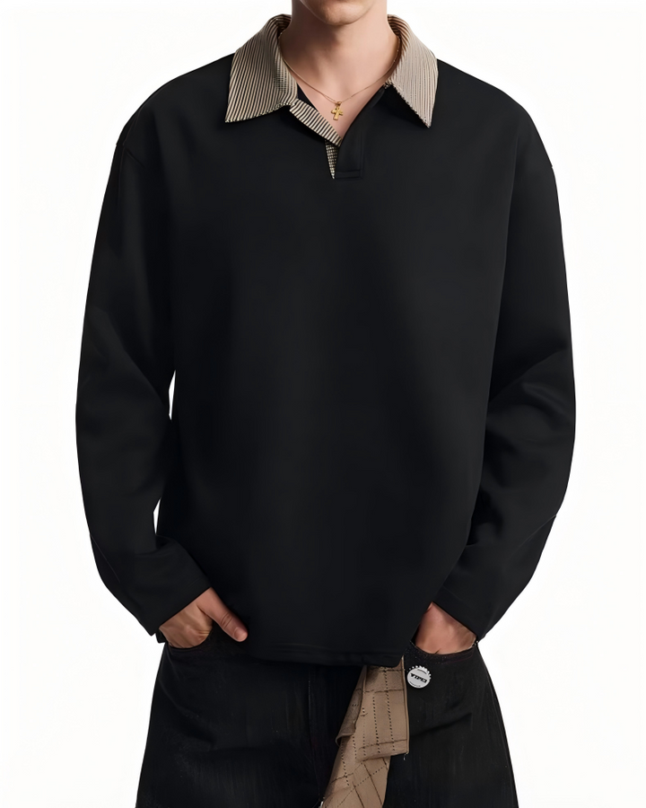 STEP BLOCK ST015 Contrast Collar Half-Zip Long-Sleeve Sweater