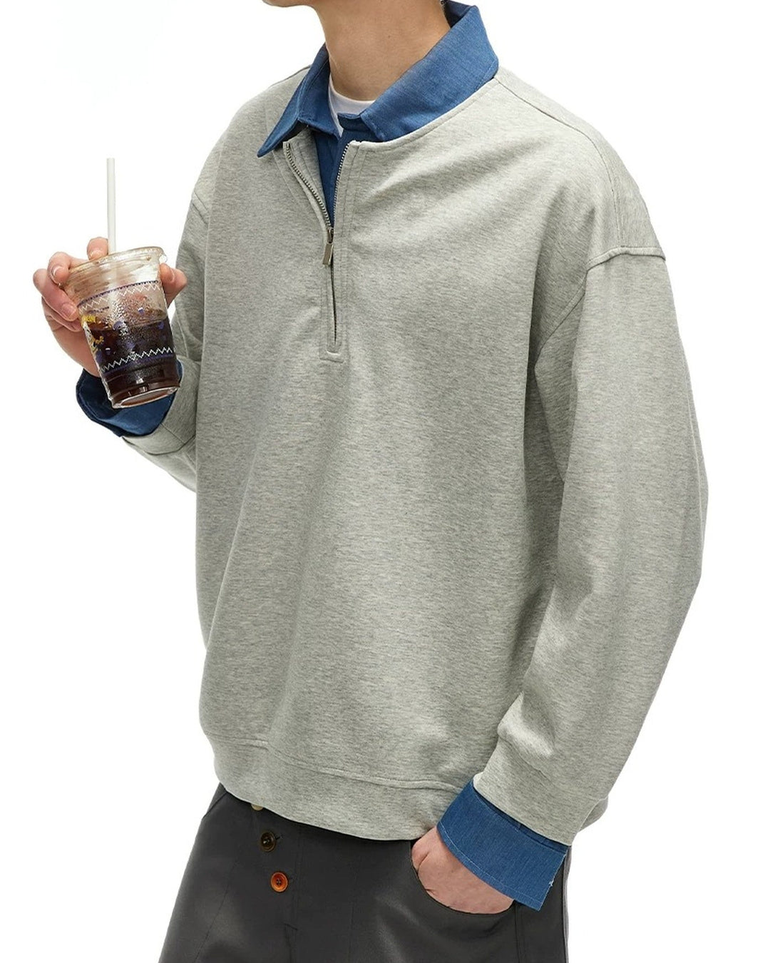 Additional product image of Layered Denim Collar Half-Zip Jacket