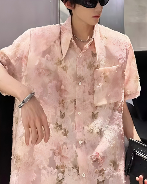 STEP BLOCK MT539 Floral Print Textured Short-Sleeve Shirt