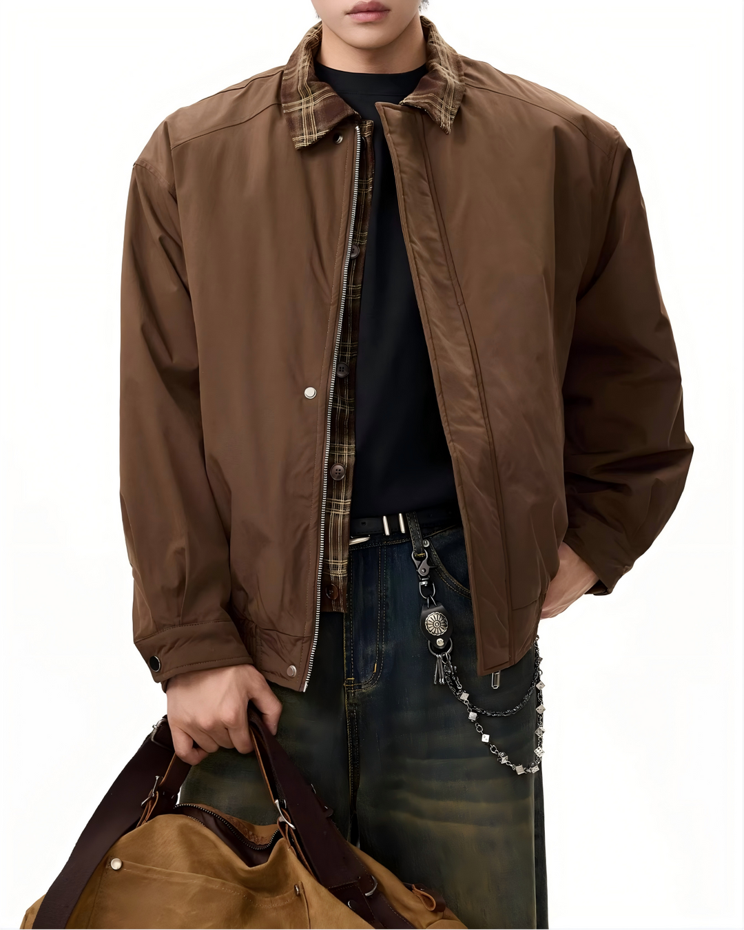 STEP BLOCK ST046 Plaid Lined Shearling Collar Washed Workwear Jacket