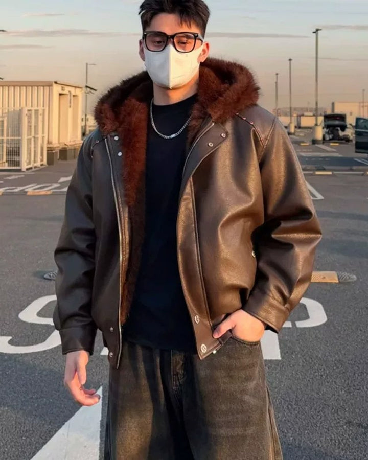 BRYNOR Cropped Shearling Collar Washed Faux Leather Bomber Jacket product photo