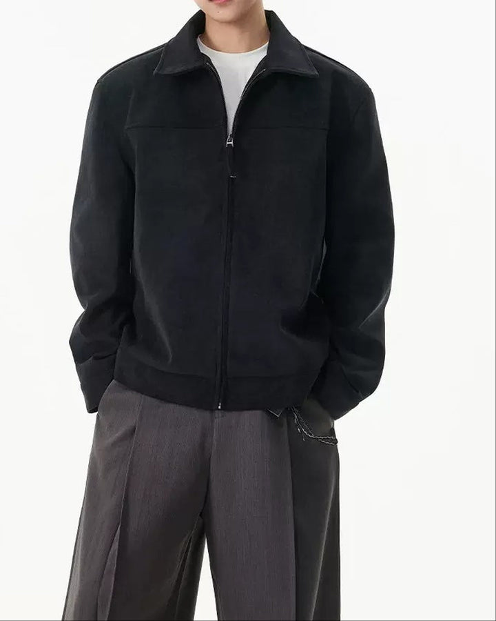 Back view of Washed Suede-Like Stand Collar Oversized Workwear Jacket