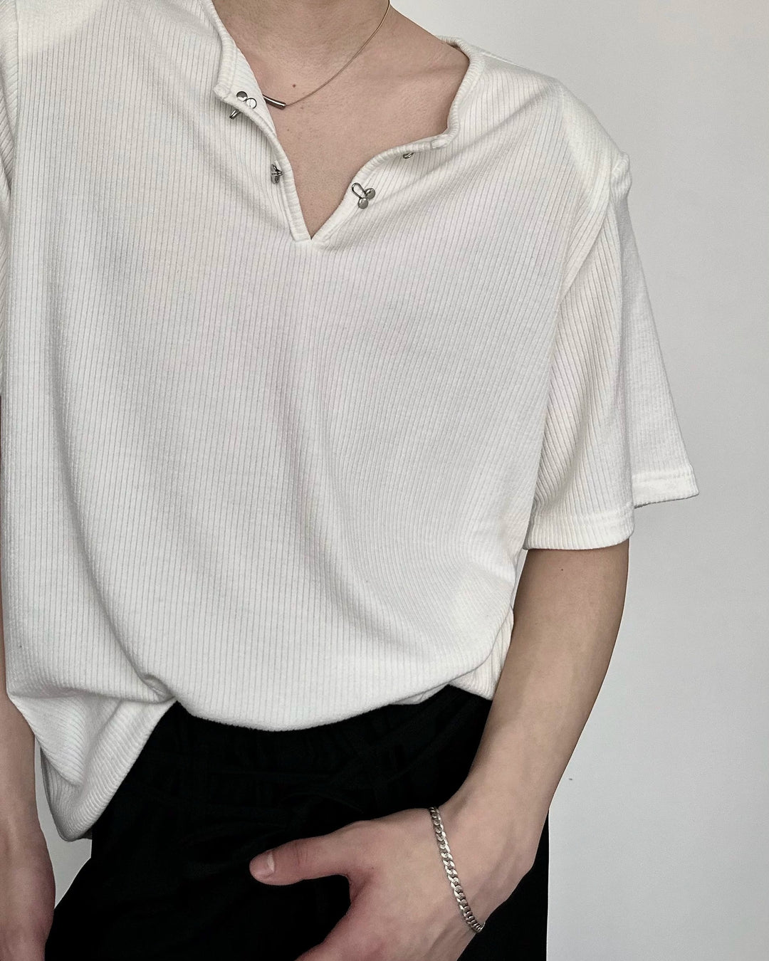 Side view of Ribbed V-Neck Oversized T-Shirt