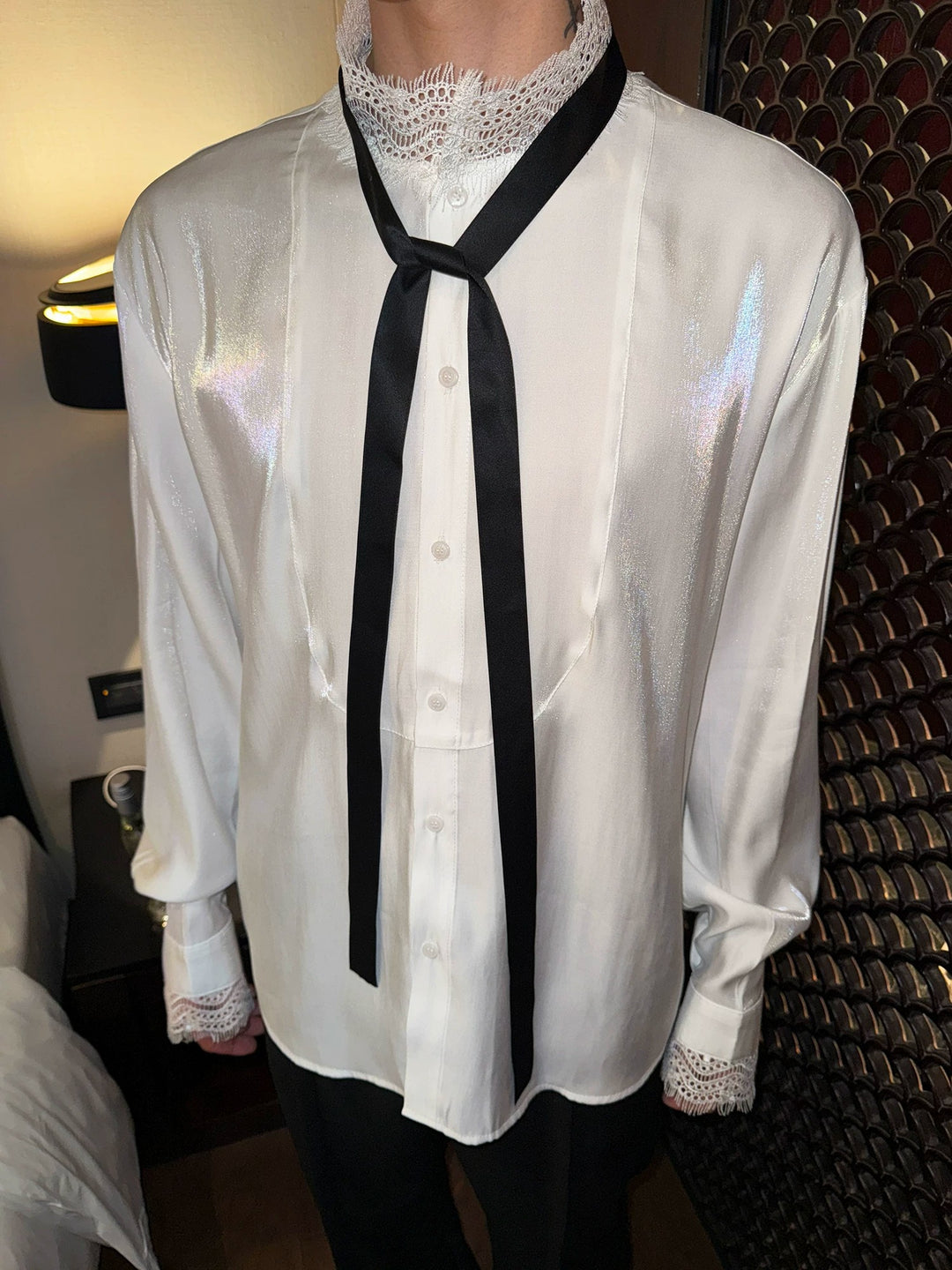 Side view of Lace Trim Tie Long Sleeve Shirt