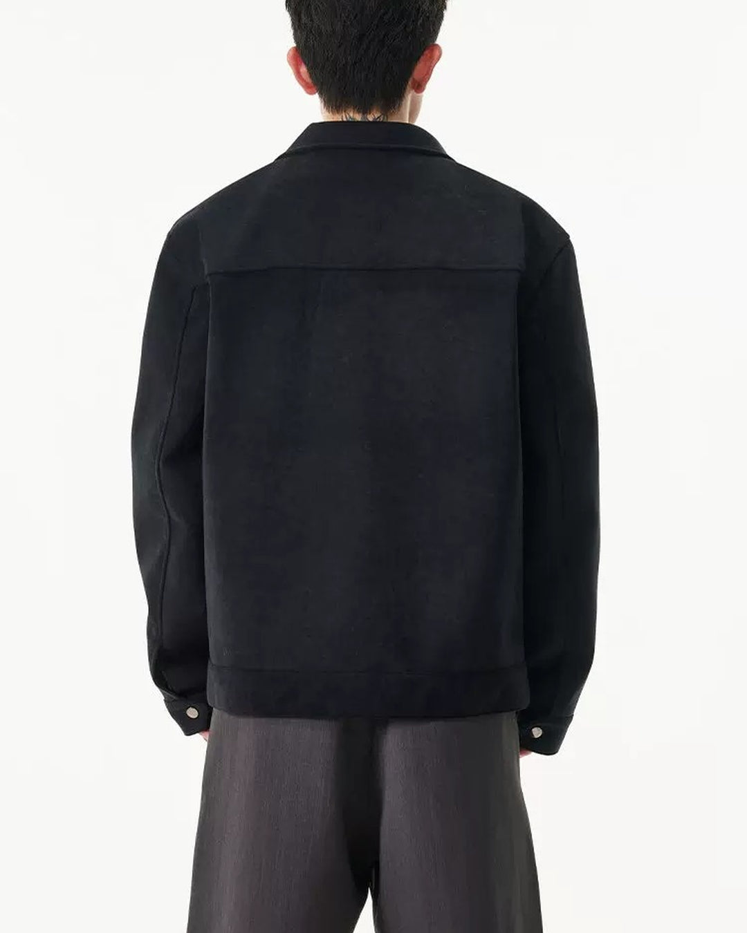 Lifestyle styling view of Washed Suede-Like Stand Collar Oversized Workwear Jacket