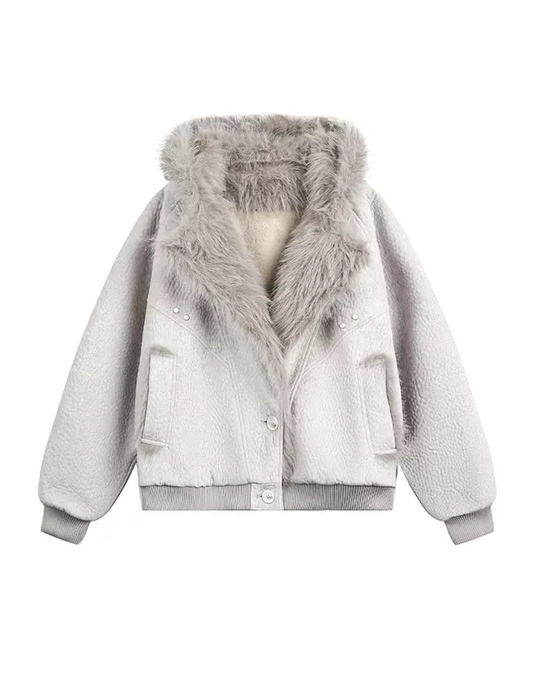 Back view of Oversized Shearling Lined Washed Denim Hooded Jacket