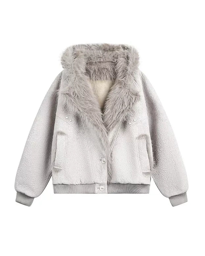 Back view of Oversized Shearling Lined Washed Denim Hooded Jacket