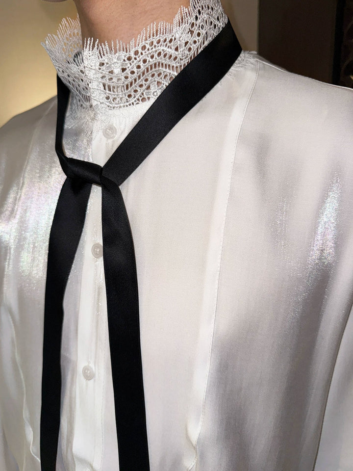 Back view of Lace Trim Tie Long Sleeve Shirt