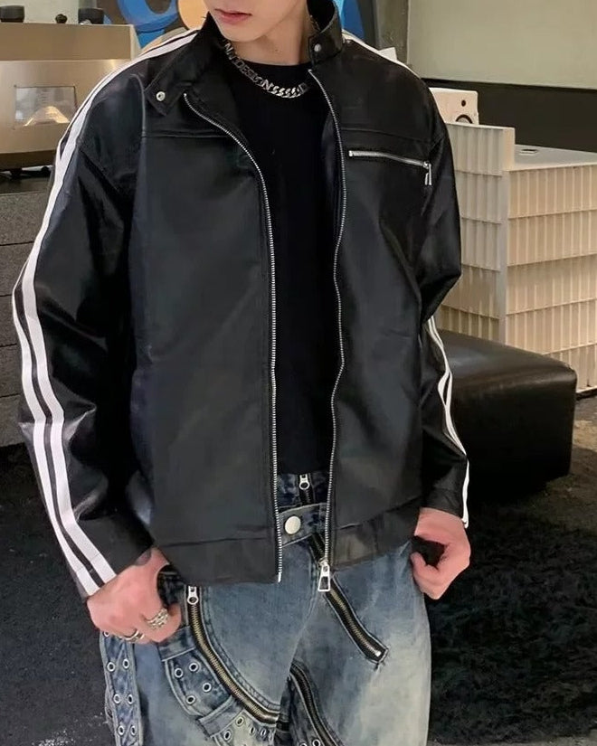 Side view of Striped Sleeve Leather Jacket
