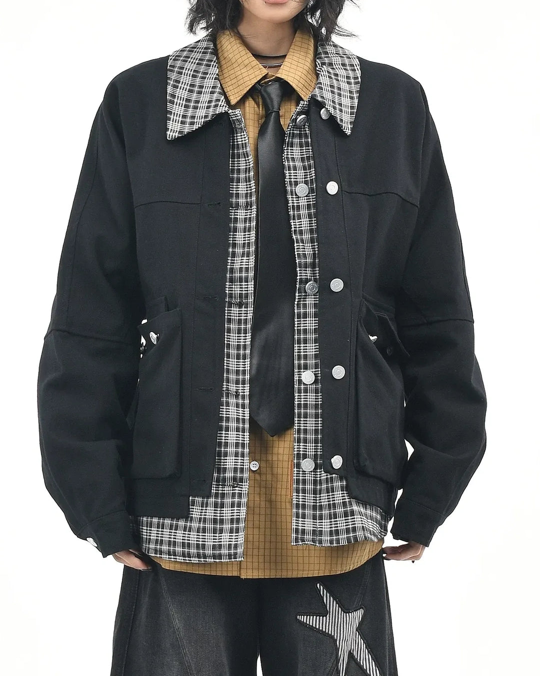 Back view of Plaid Contrast Collar Utility Pocket Workwear Jacket