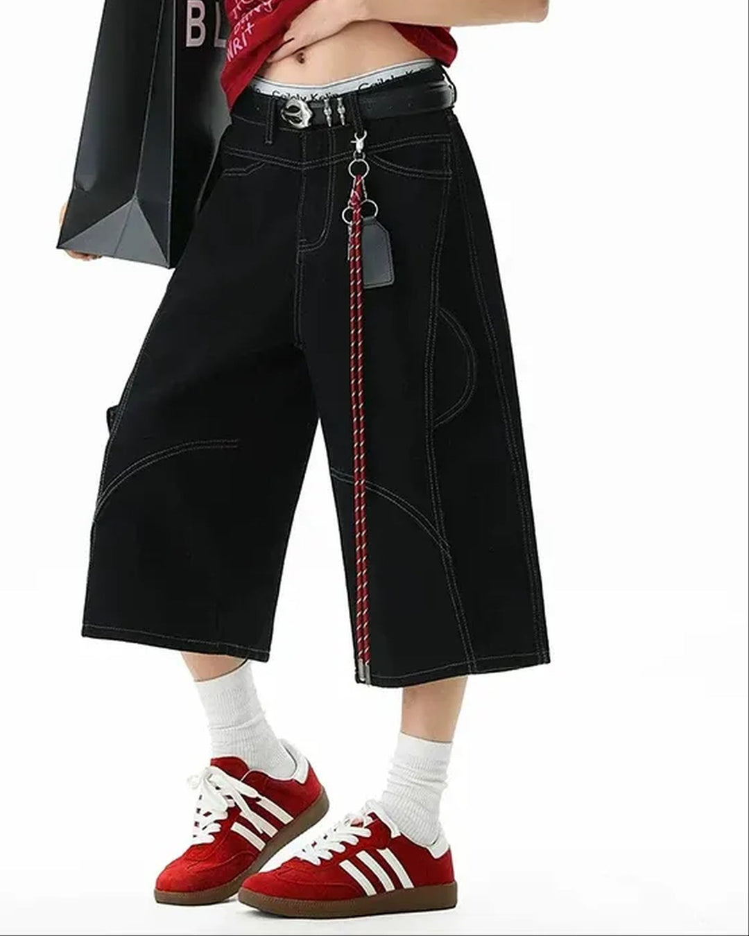 Close-up detail of Black Contrast Stitch Cargo Shorts