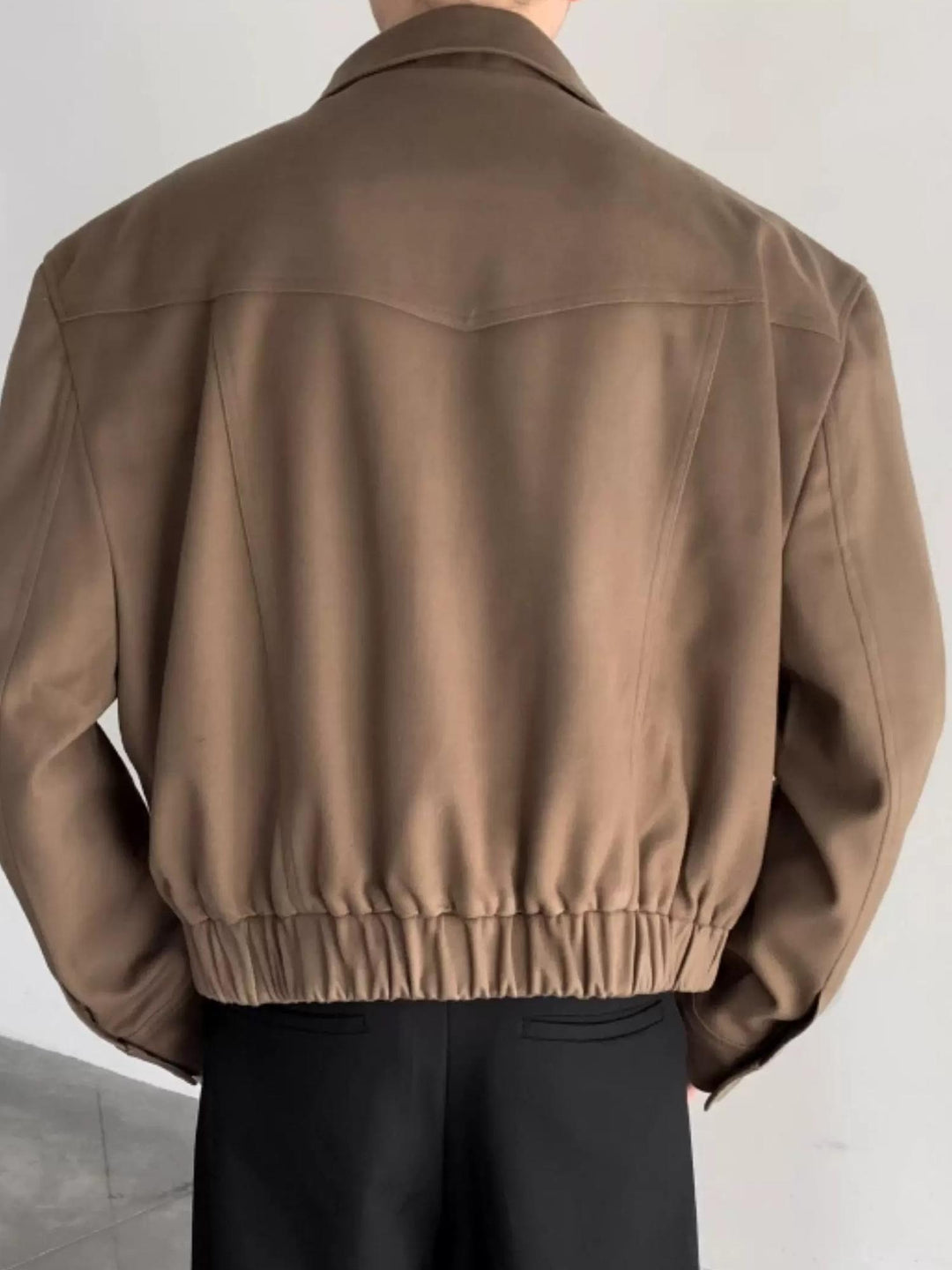 Side view of Minimalist Stand Collar Oversized Workwear Bomber Jacket