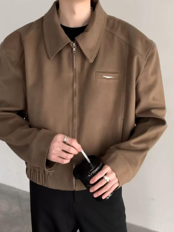 Back view of Minimalist Stand Collar Oversized Workwear Bomber Jacket