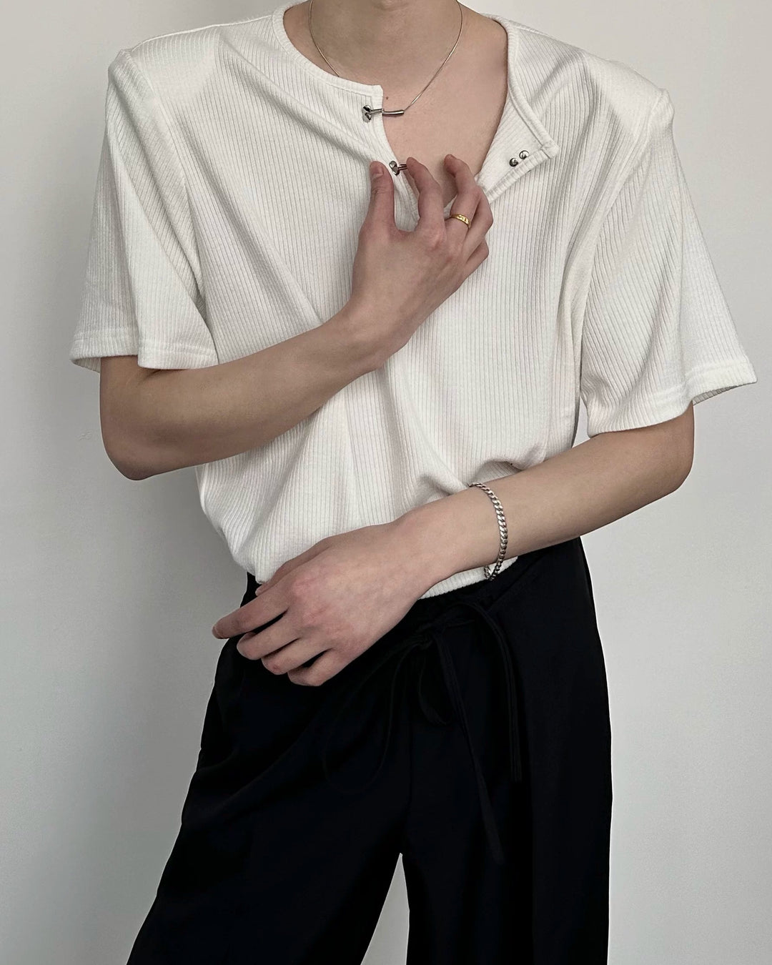 Back view of Ribbed V-Neck Oversized T-Shirt