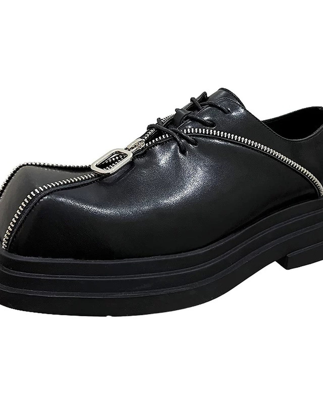 Front view of Black Leather Gothic Square-Toe Chunky Heel Shoes