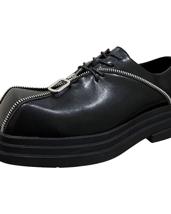 Front view of Black Leather Gothic Square-Toe Chunky Heel Shoes