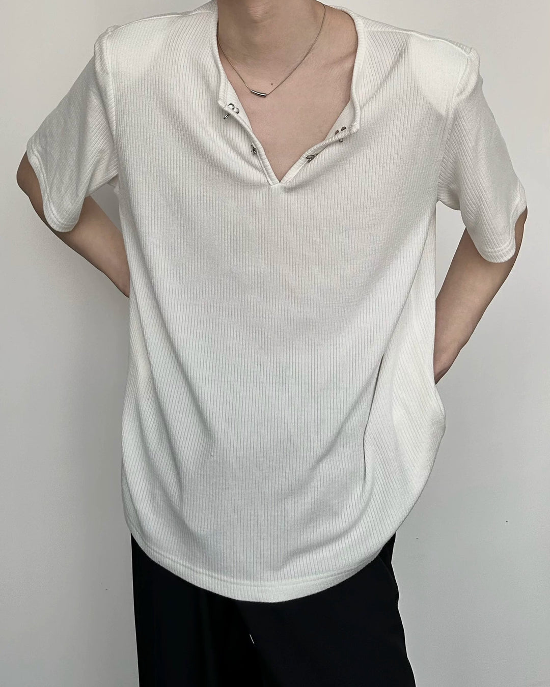 Lifestyle styling view of Ribbed V-Neck Oversized T-Shirt