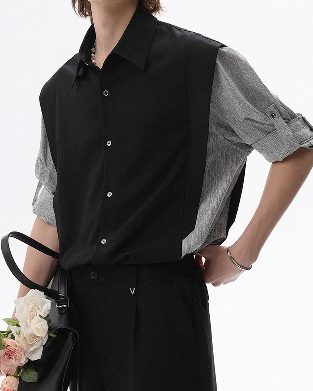 Side view of Color Block Patchwork Shirt