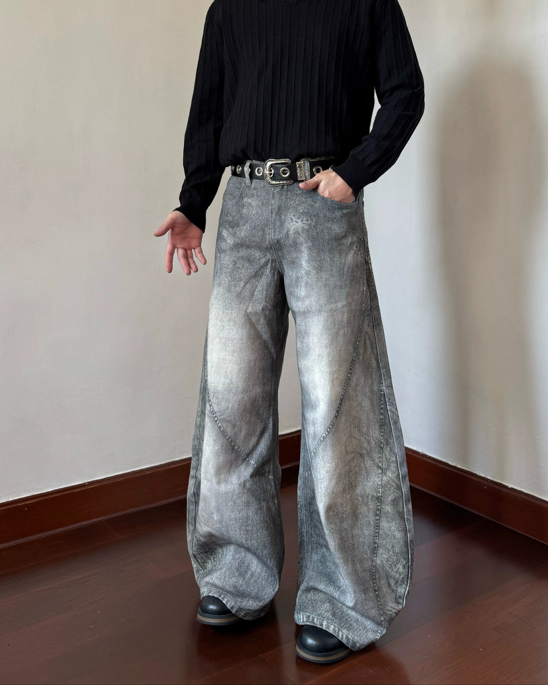 Grey Washed Baggy Flare Jeans