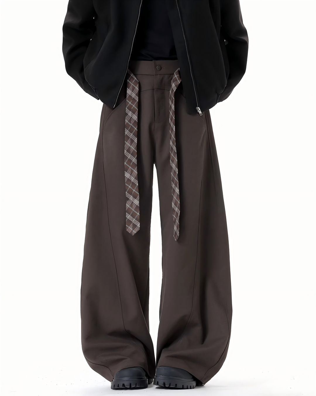 STEP BLOCK MT037 minimalist wide-leg drape casual pants with patterned belt