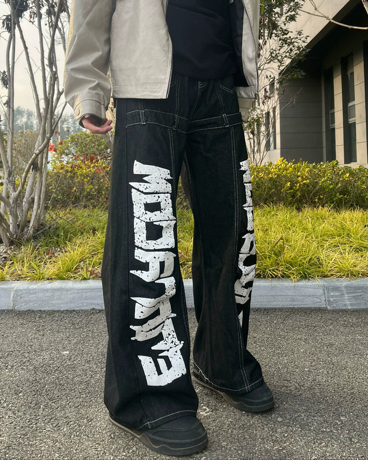 Side Text Embroidered Baggy Jeans