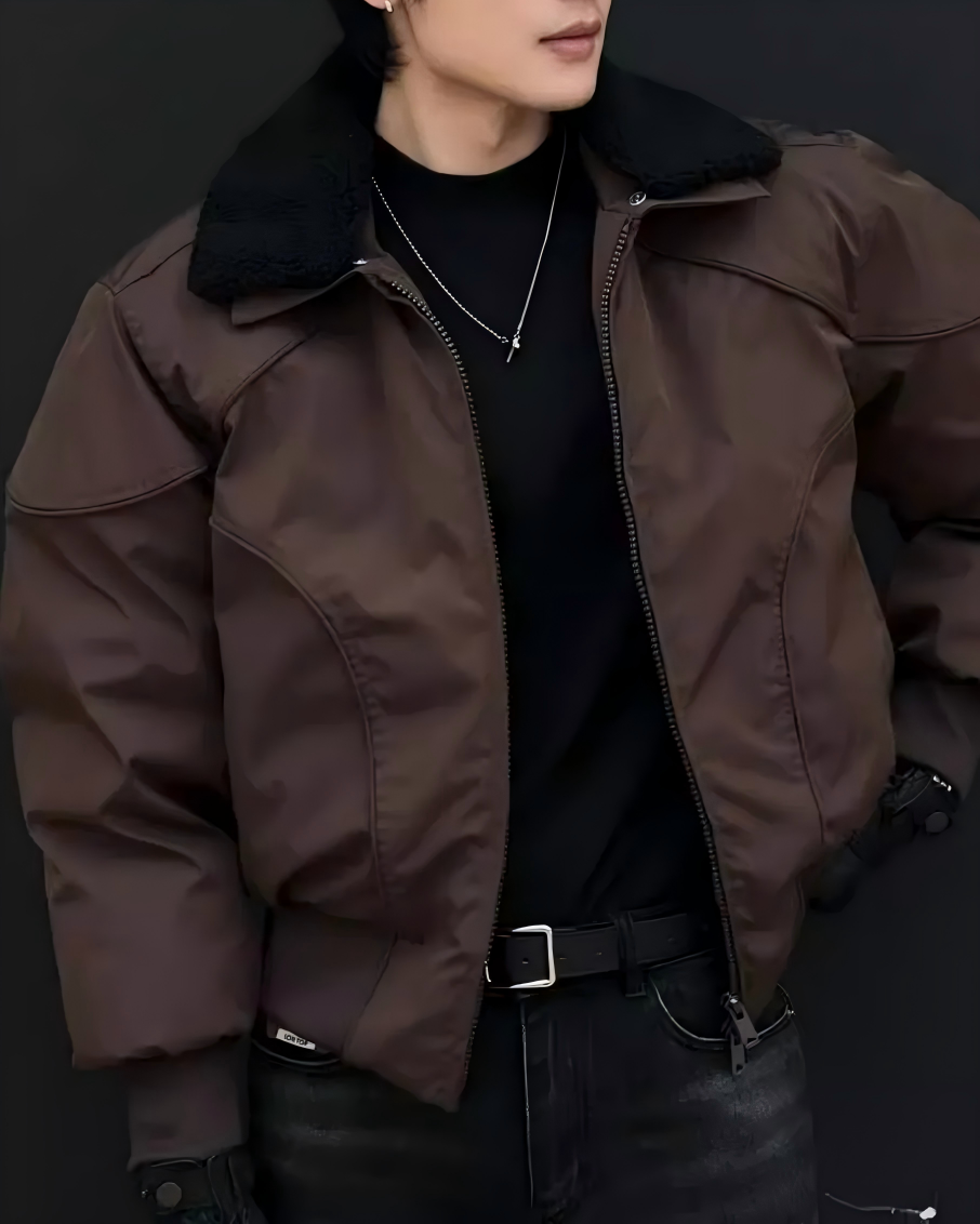 STEP BLOCK ST055 Shearling Collar Washed Utility Bomber Jacket