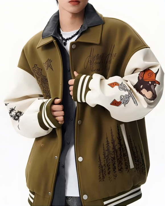 STEP BLOCK ST060 Embroidered Graphic Ribbed Collar Varsity Baseball Jacket
