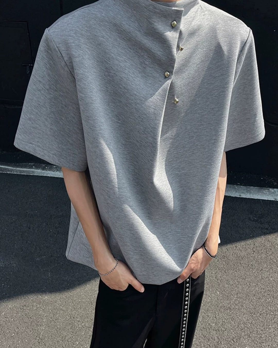 Back view of Asymmetric Button Collar Oversized T-Shirt