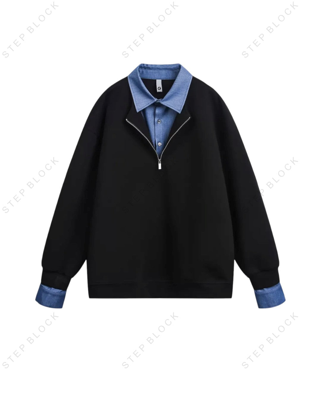 STEP BLOCK ST009 Faux Layered Denim Collar Half-Zip Sweater