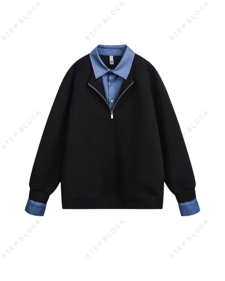 STEP BLOCK ST009 Faux Layered Denim Collar Half-Zip Sweater