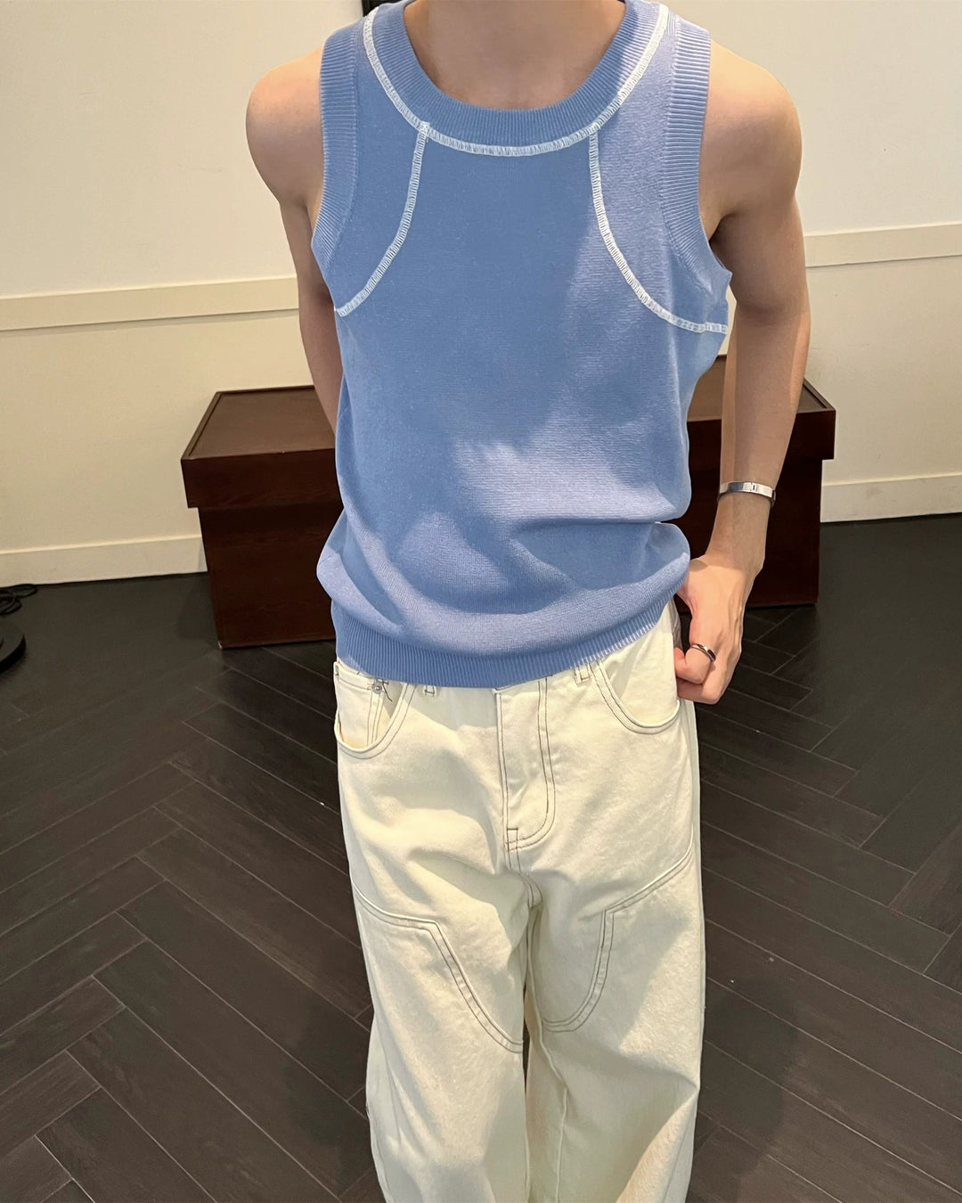 Lifestyle styling view of Contrast Stitch Knit Tank Top