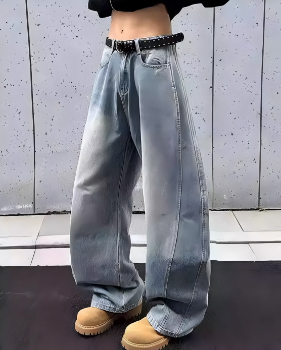STEP BLOCK MT039 vintage washed grey baggy flare jeans