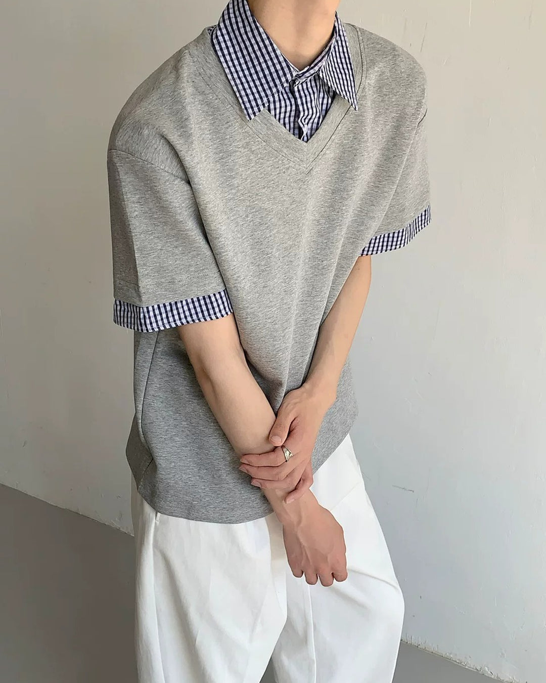 Front view of Layered Plaid Trim T-Shirt