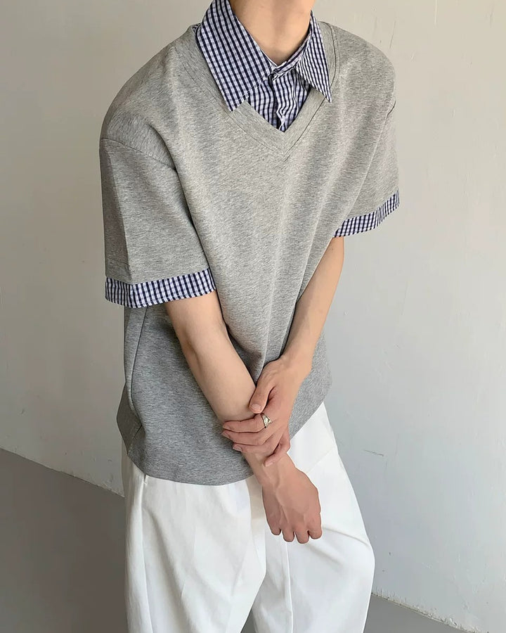 Front view of Layered Plaid Trim T-Shirt